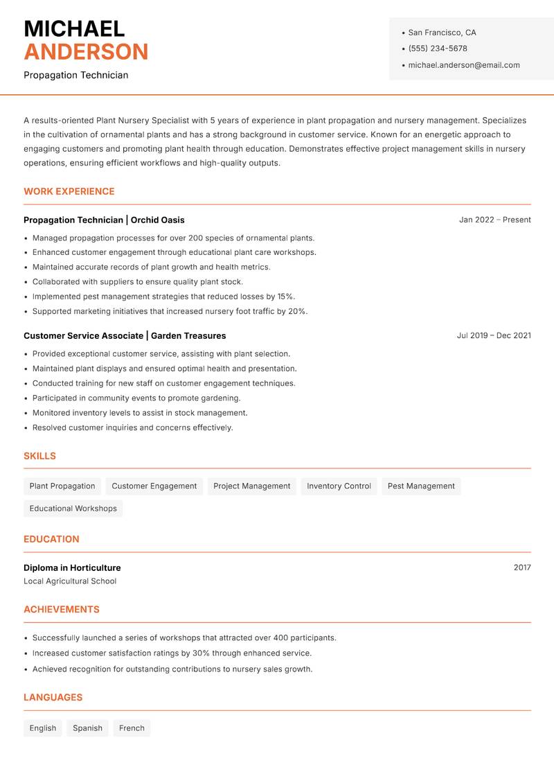 Plant Nursery Specialist Resume Template