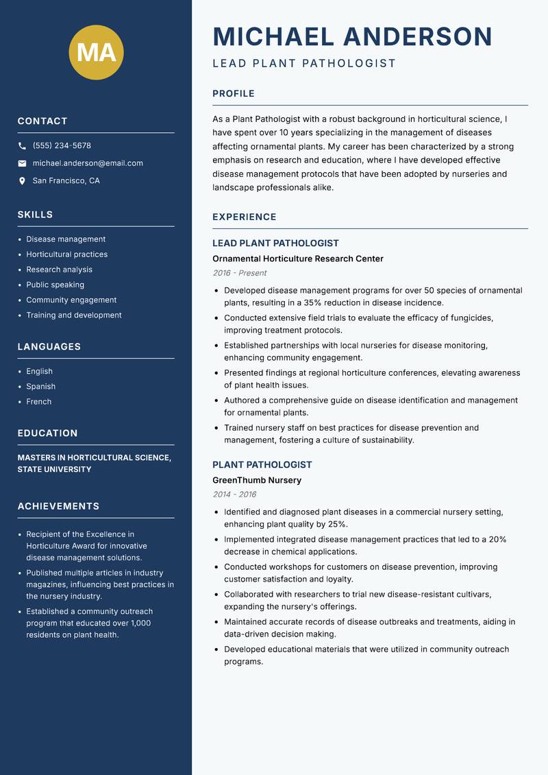 Plant Pathologist Resume Preview Example