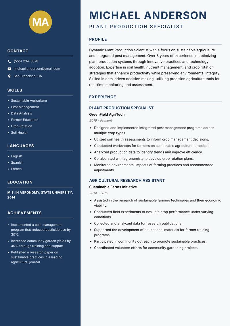 Plant Production Scientist Resume Preview Example