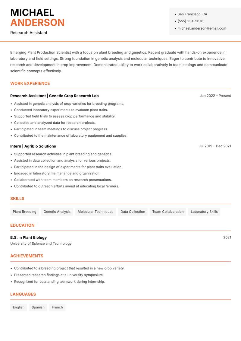 Plant Production Scientist Resume Template