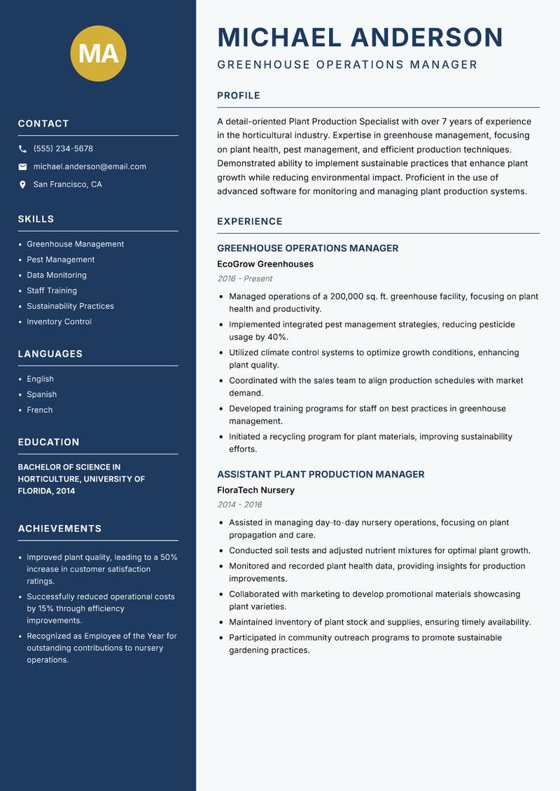 Plant Production Specialist Resume Preview Example
