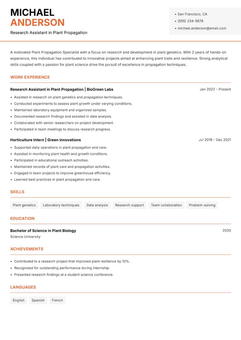 Plant Propagation Specialist Resume Template