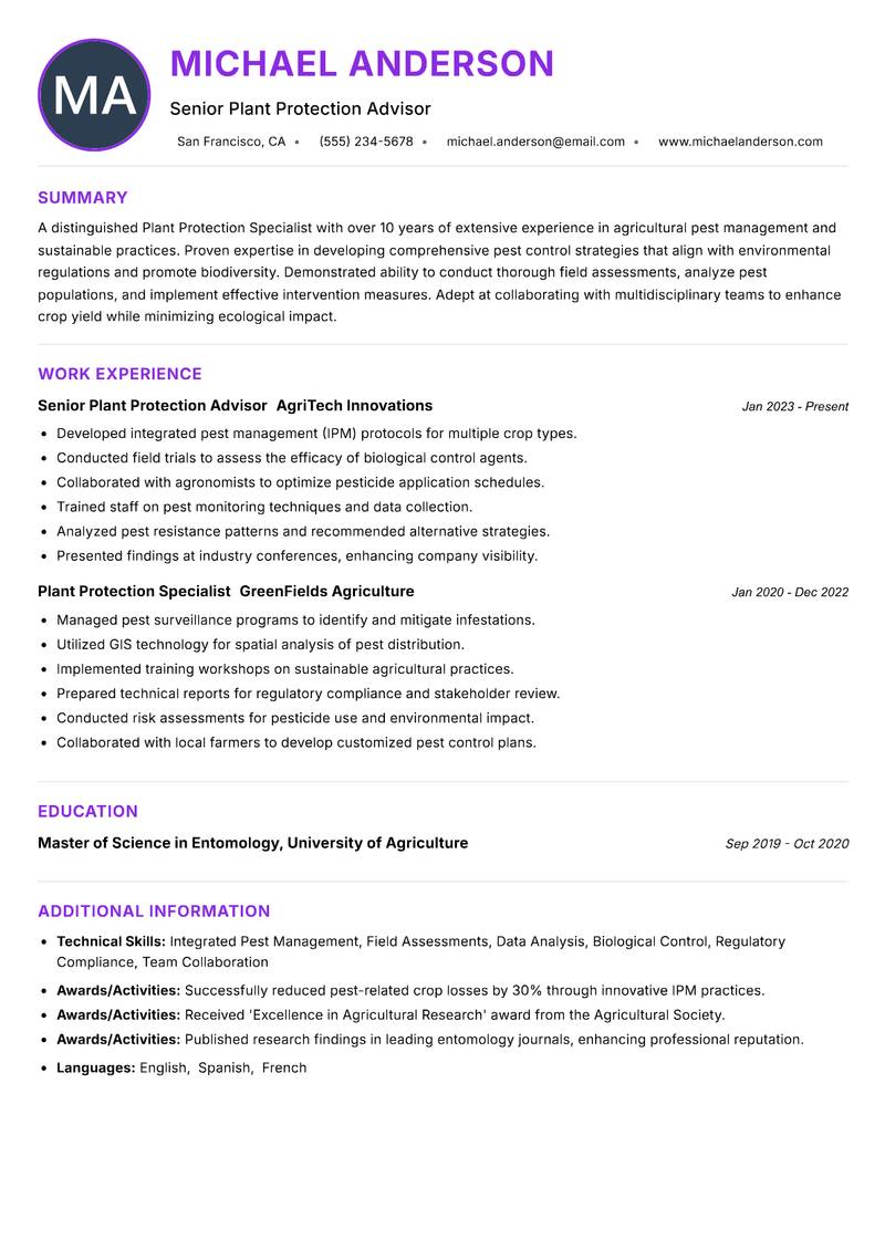 Plant Protection Specialist Resume Preview Example