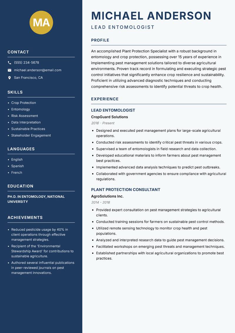 Plant Protection Specialist Resume Preview Example