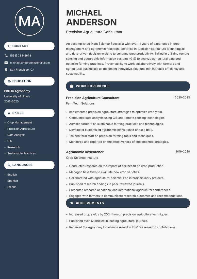 Plant Science Specialist Resume Preview Example
