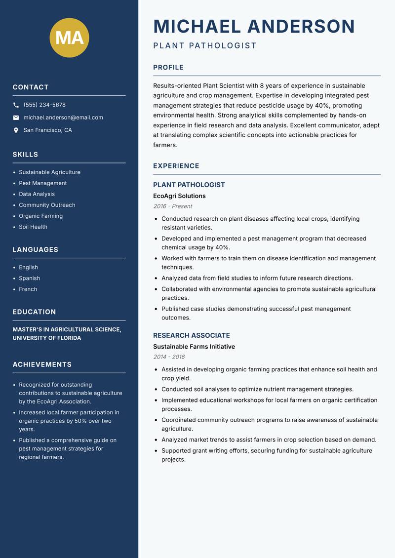 Plant Scientist Resume Preview Example