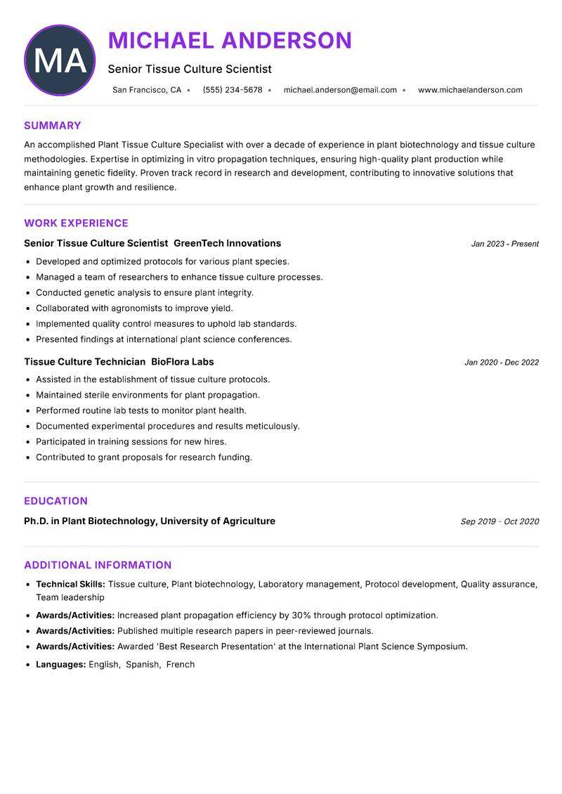 Plant Tissue Culture Specialist Resume Preview Example