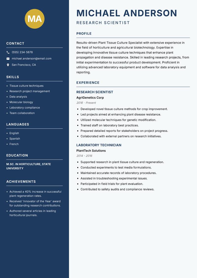 Plant Tissue Culture Specialist Resume Preview Example