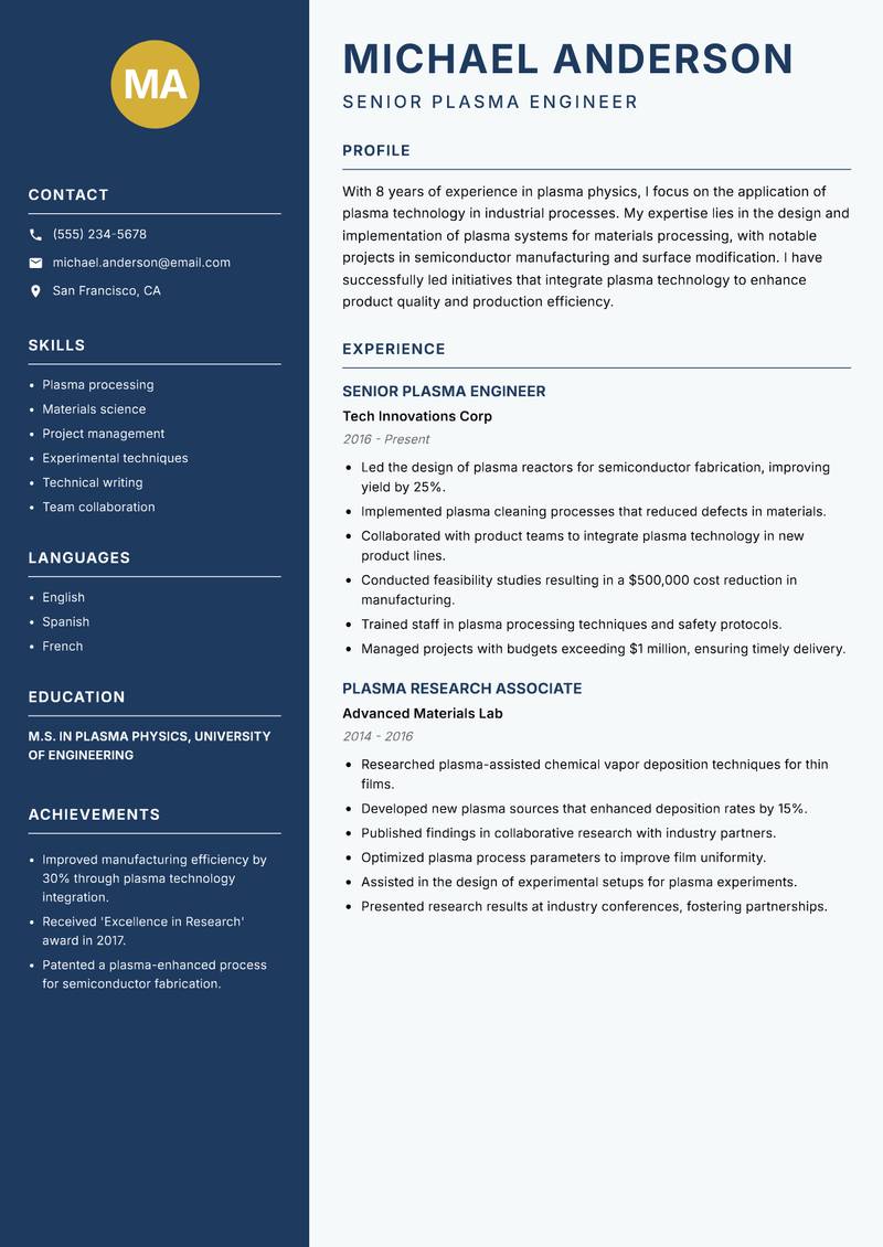 Plasma Physicist Resume Preview Example