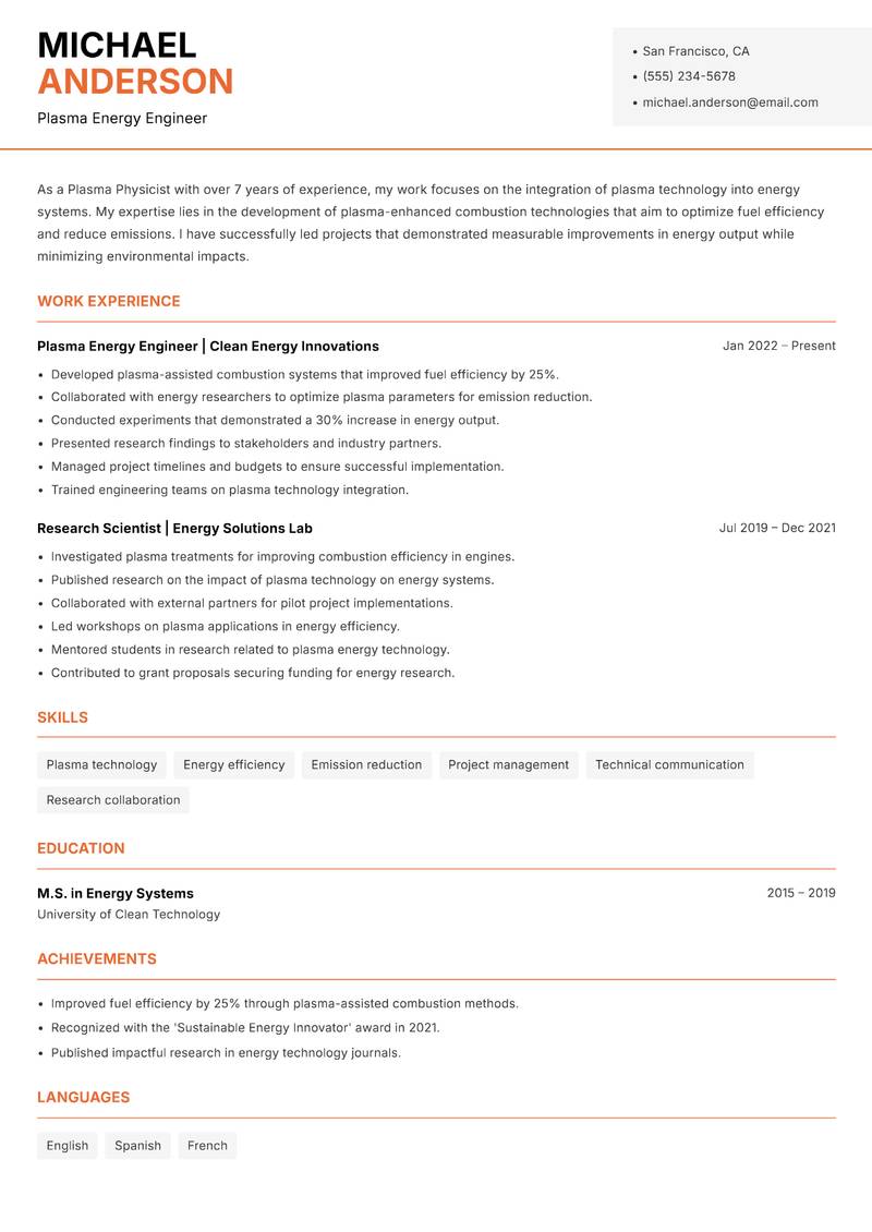Plasma Physicist Resume Template