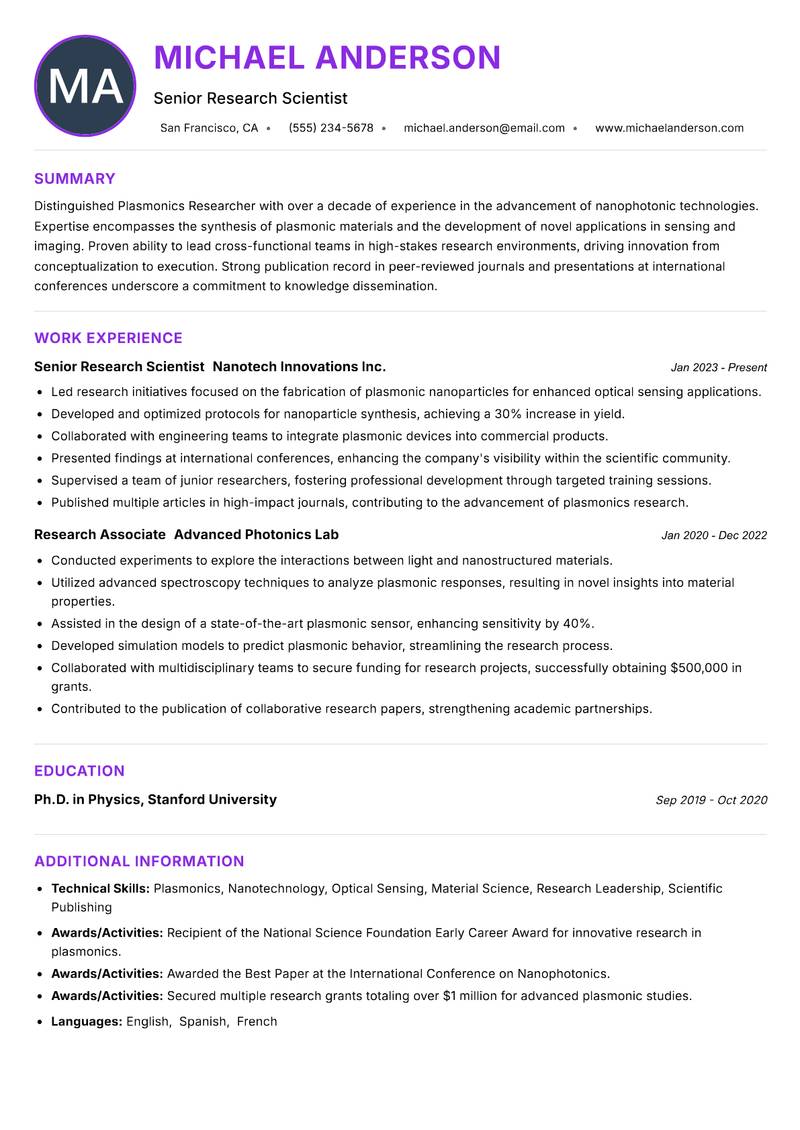 Plasmonics Researcher Resume Preview Example
