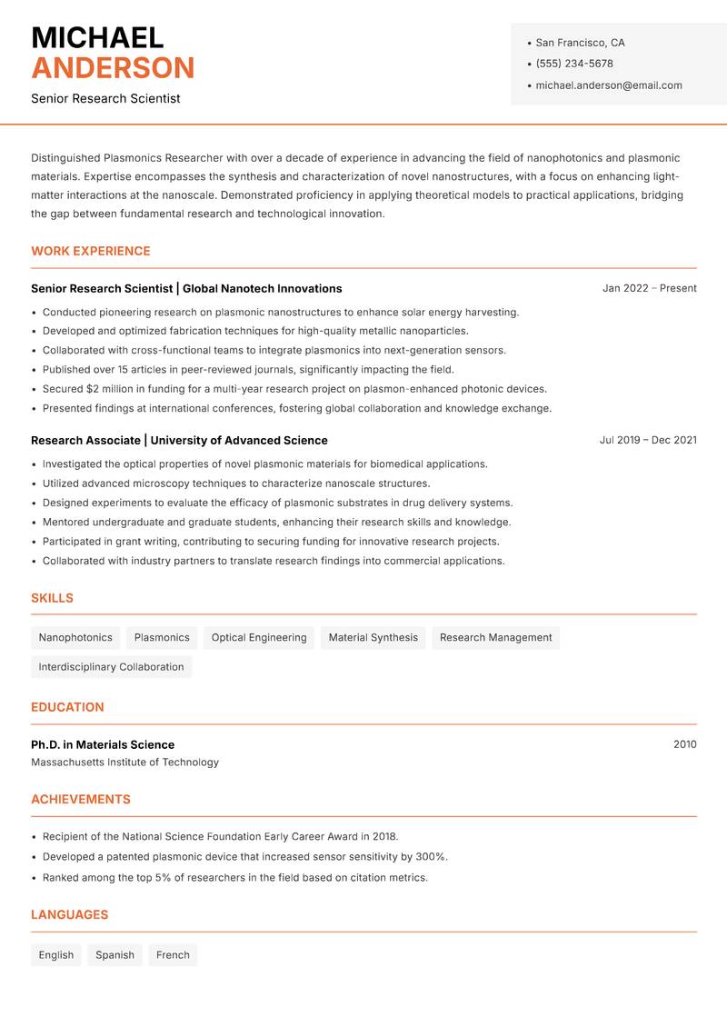 Plasmonics Researcher Resume Template