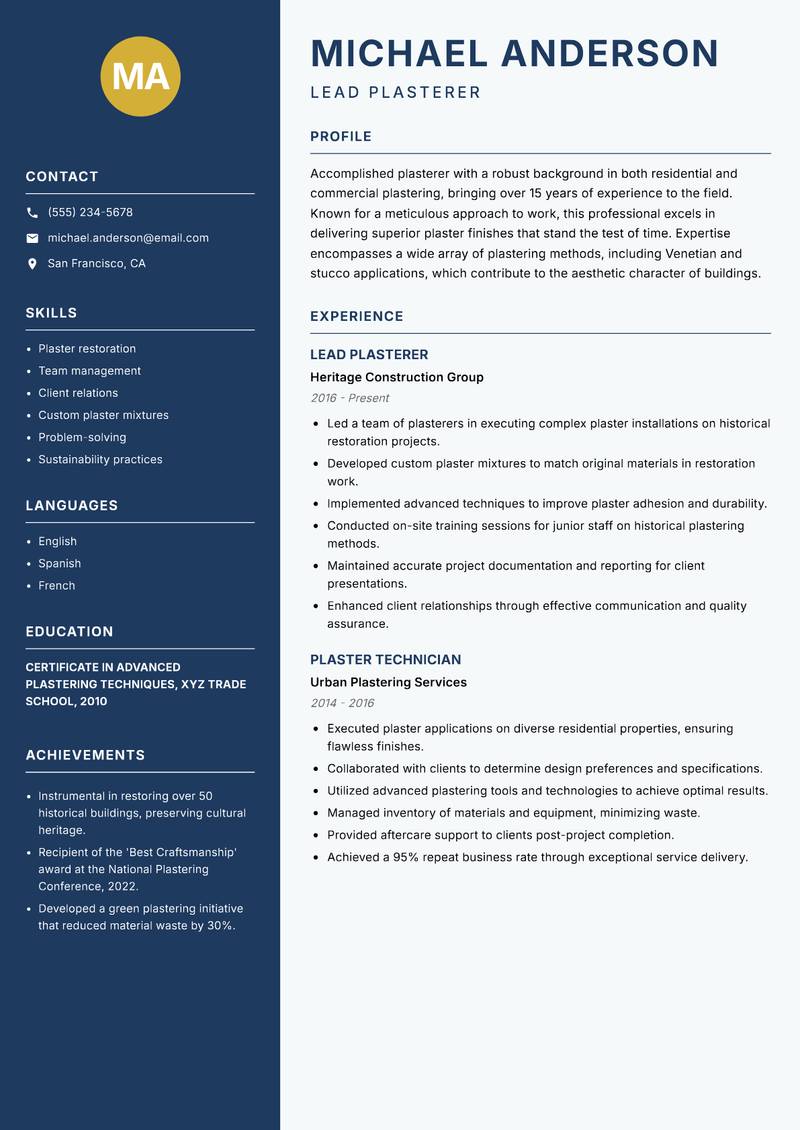 Plasterer Resume Preview Example