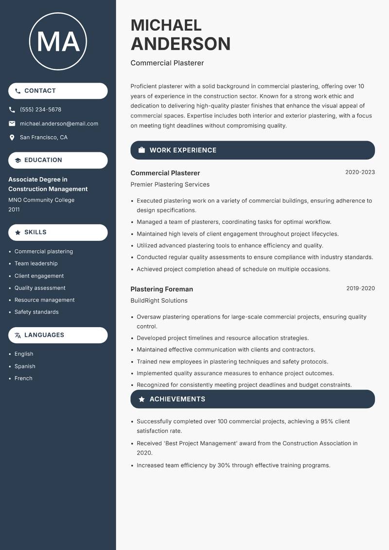 Plasterer Resume Preview Example