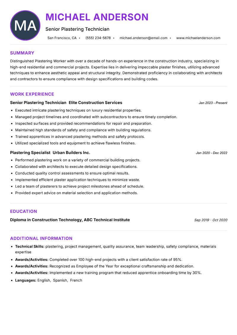 Plastering Worker Resume Preview Example