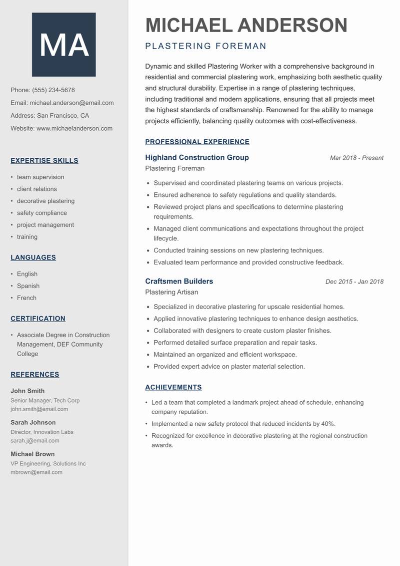 Plastering Worker Resume Preview Example