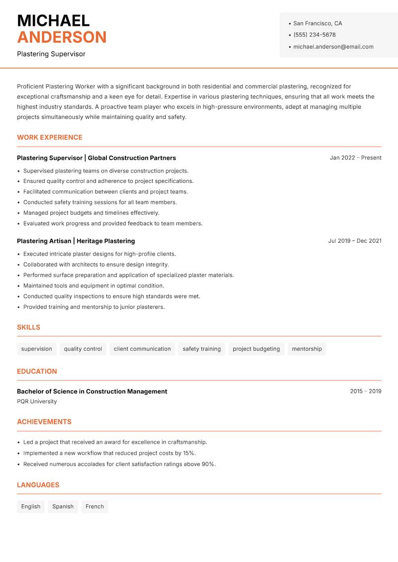 Plastering Worker Resume Template