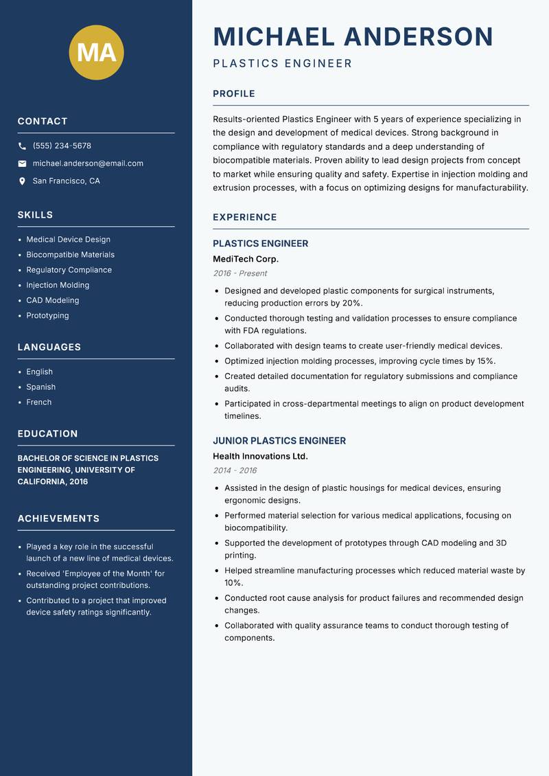 Plastics Engineer Resume Preview Example