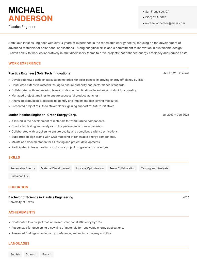 Plastics Engineer Resume Template