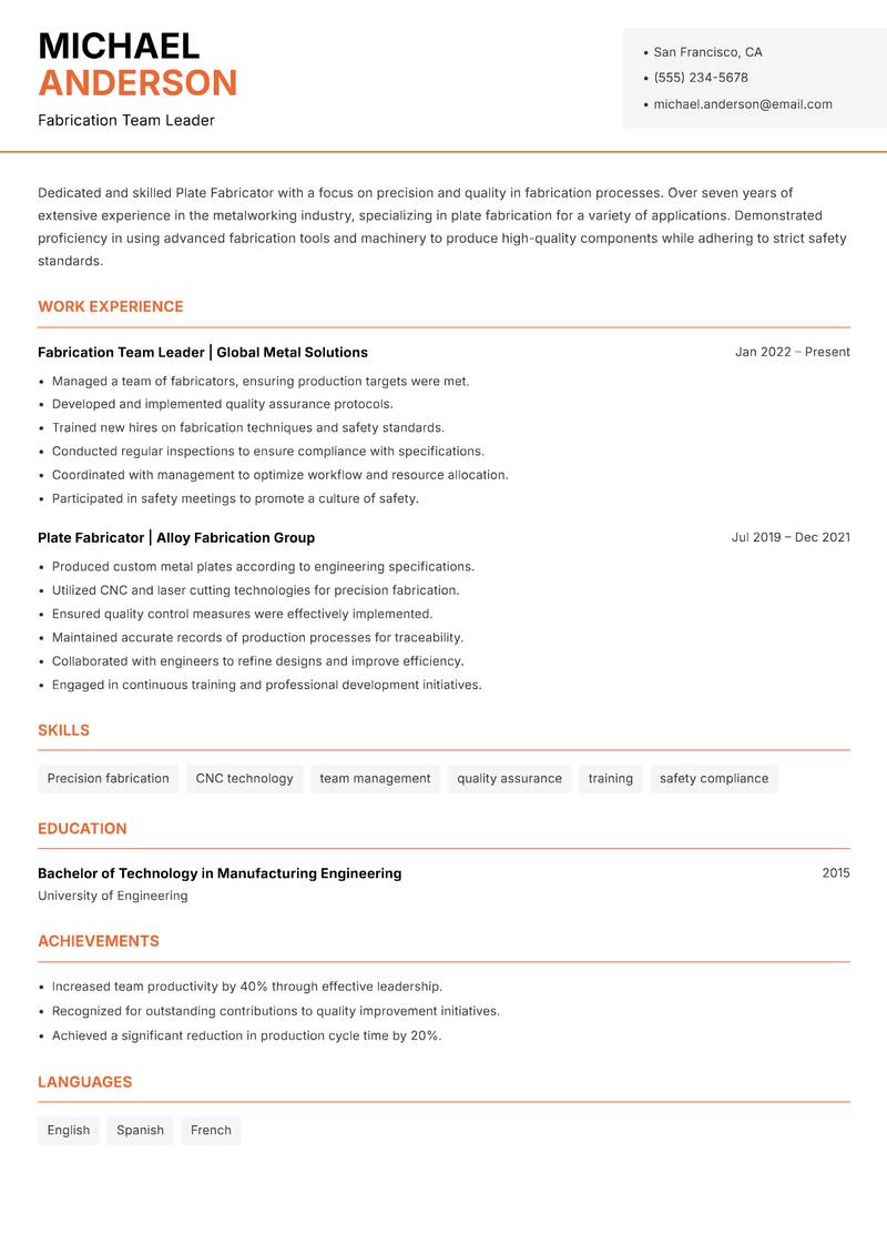 Plate Fabricator Resume Template