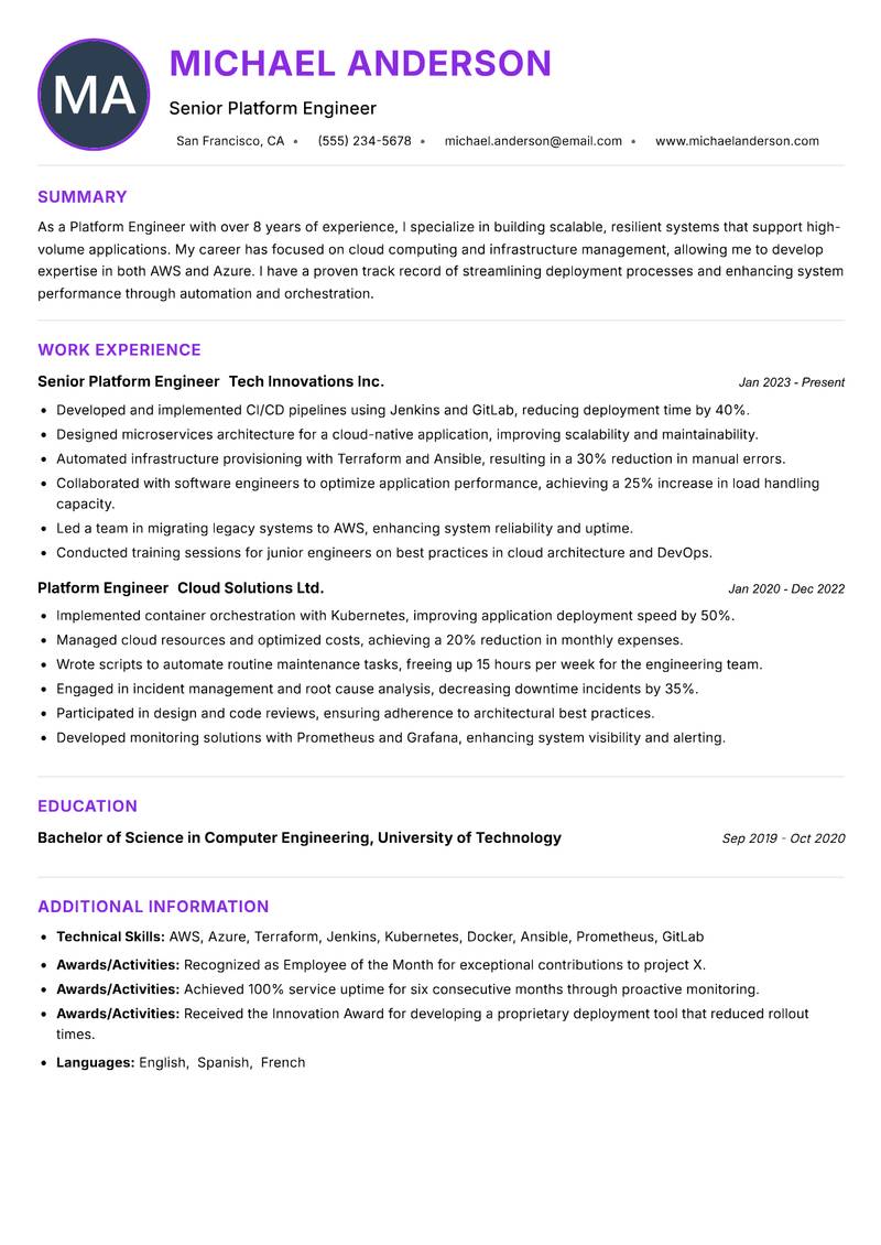 Platform Engineer Resume Preview Example