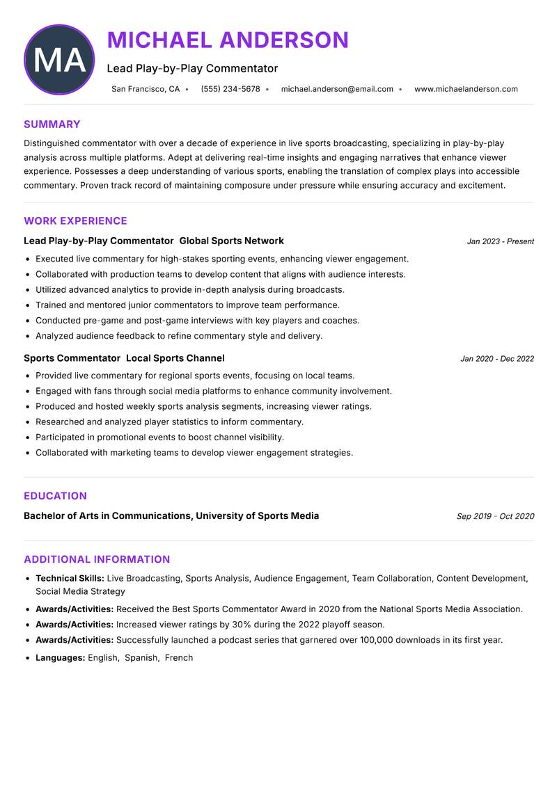 Play-by-Play Commentator Resume Preview Example
