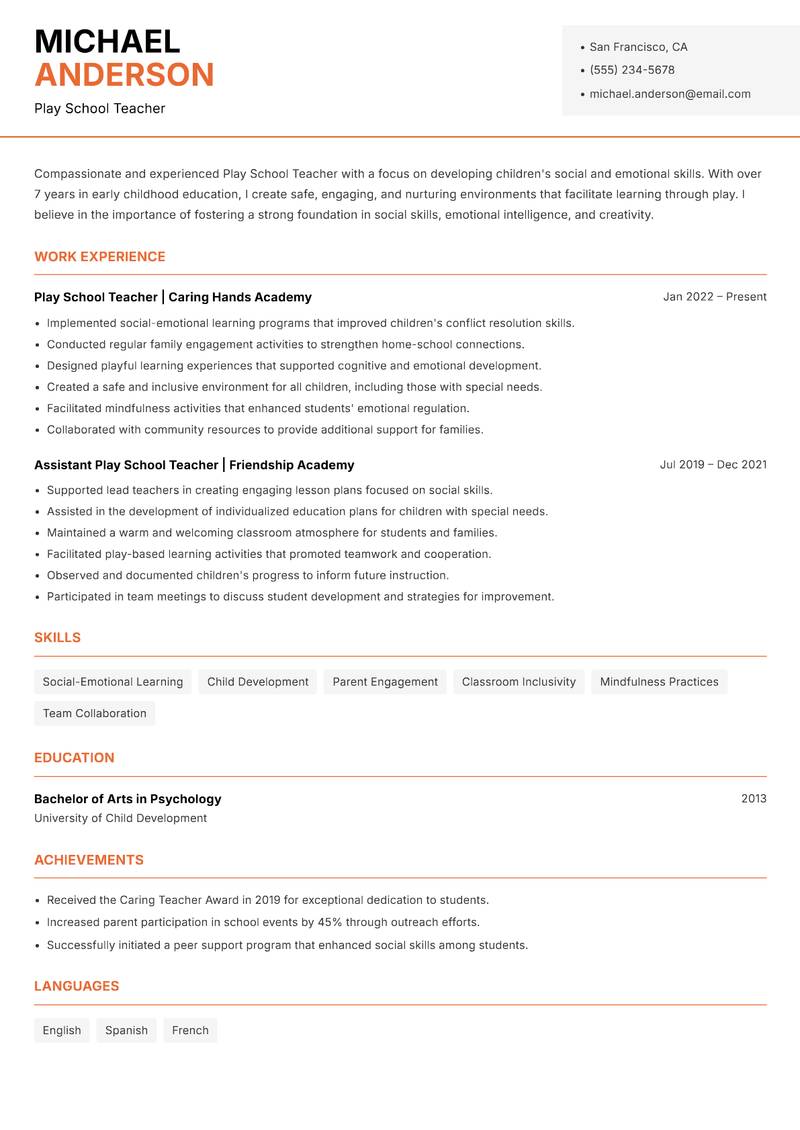 Play School Teacher Resume Template