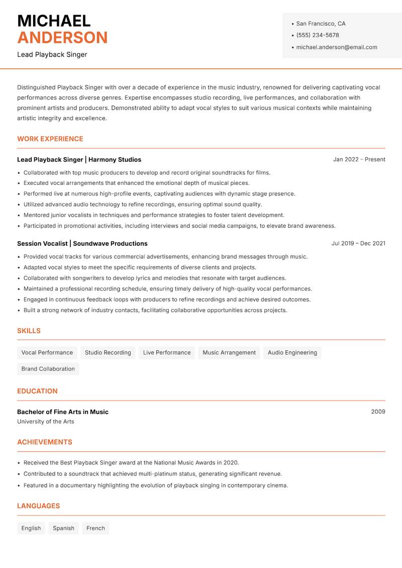 Playback Singer Resume Template