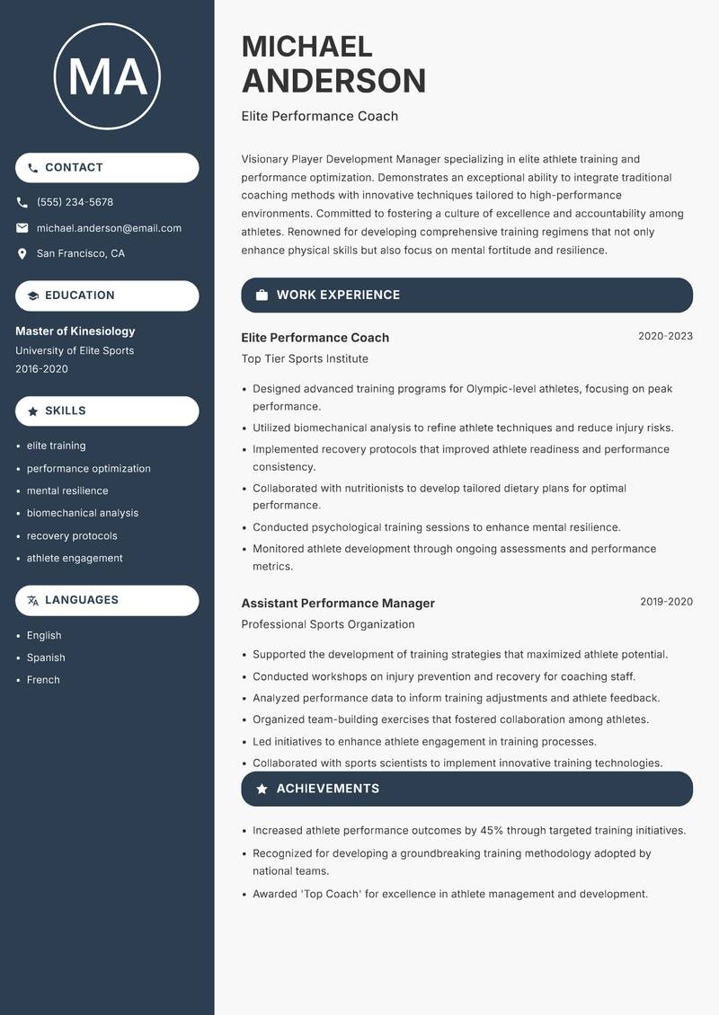 Player Development Manager Resume Preview Example