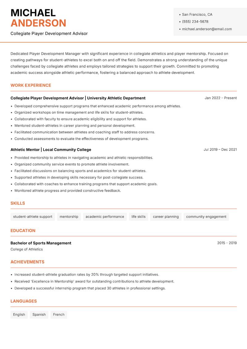 Player Development Manager Resume Template