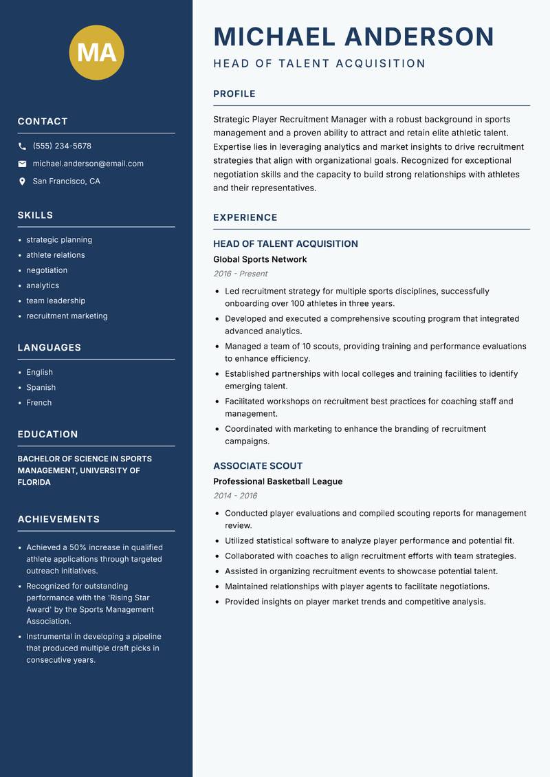 Player Recruitment Manager Resume Preview Example