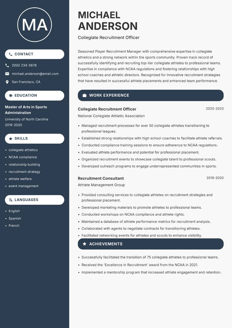 Player Recruitment Manager Resume Preview Example