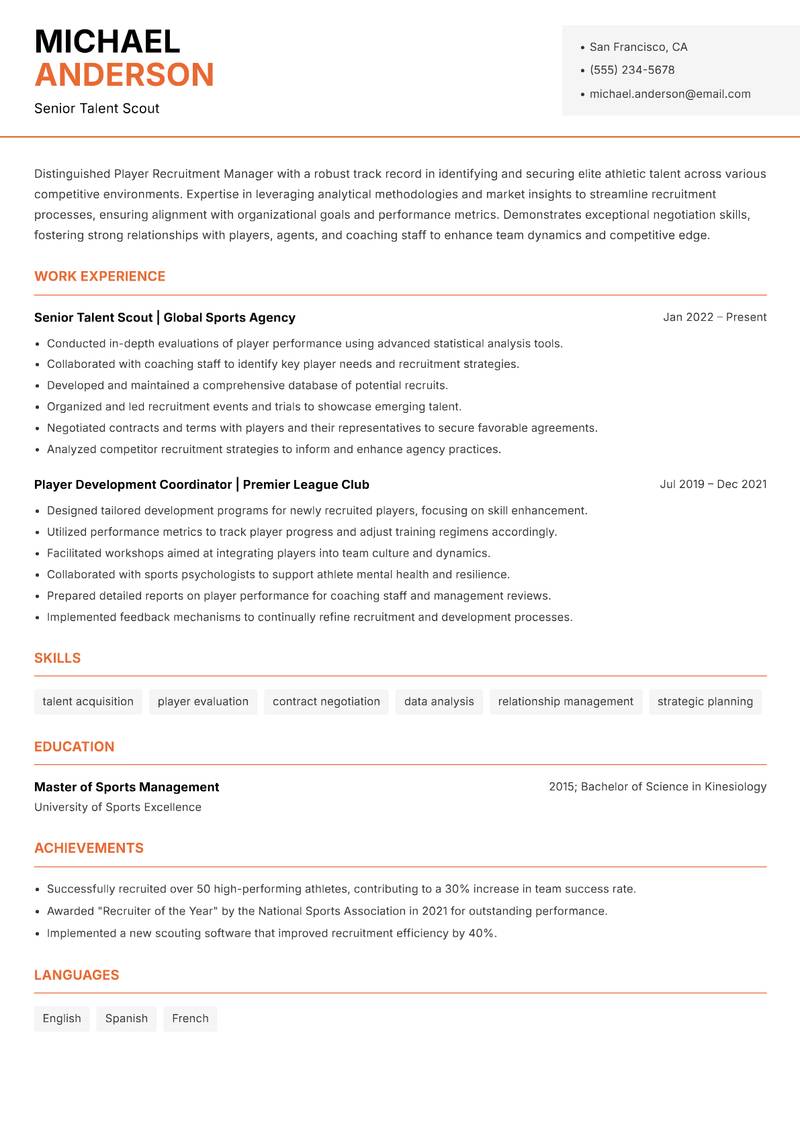 Player Recruitment Manager Resume Template