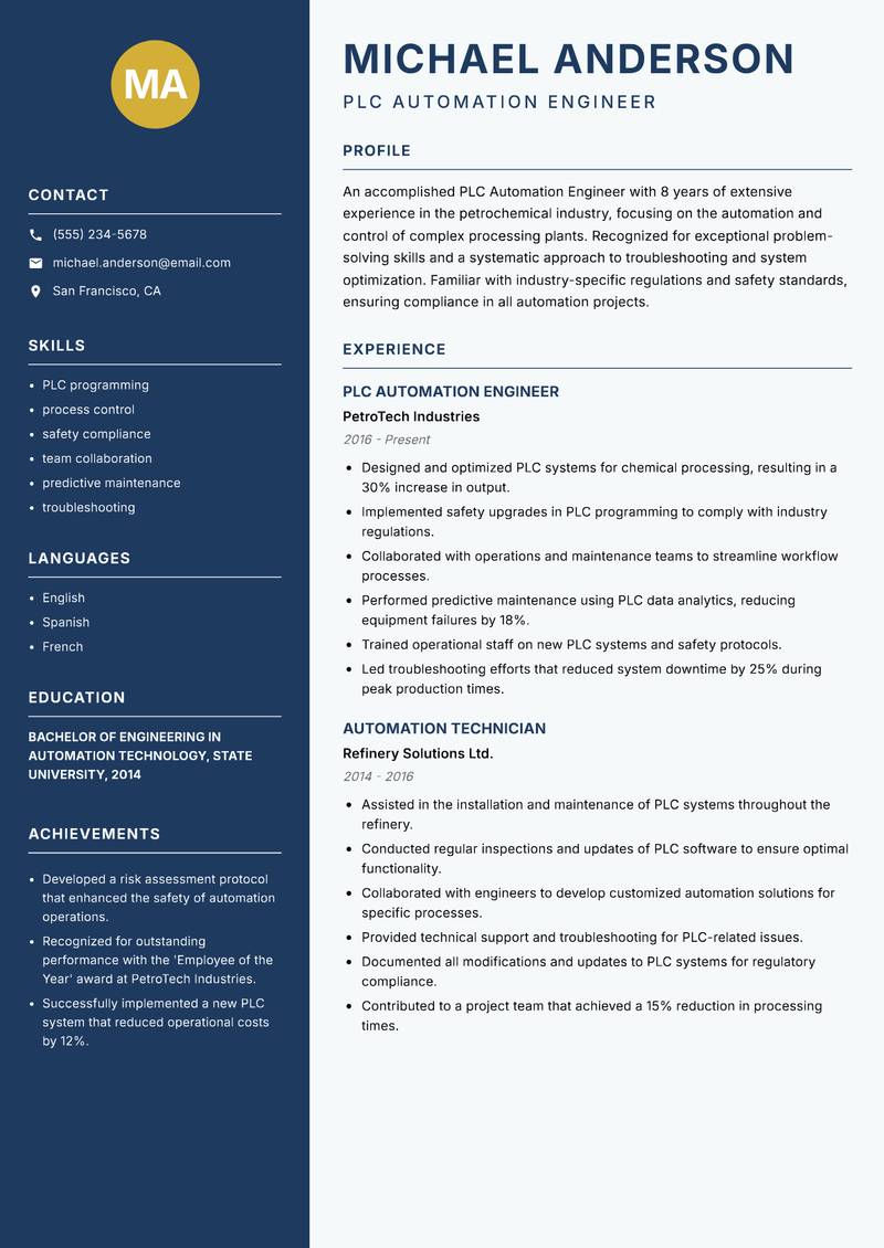 PLC Automation Engineer Resume Preview Example