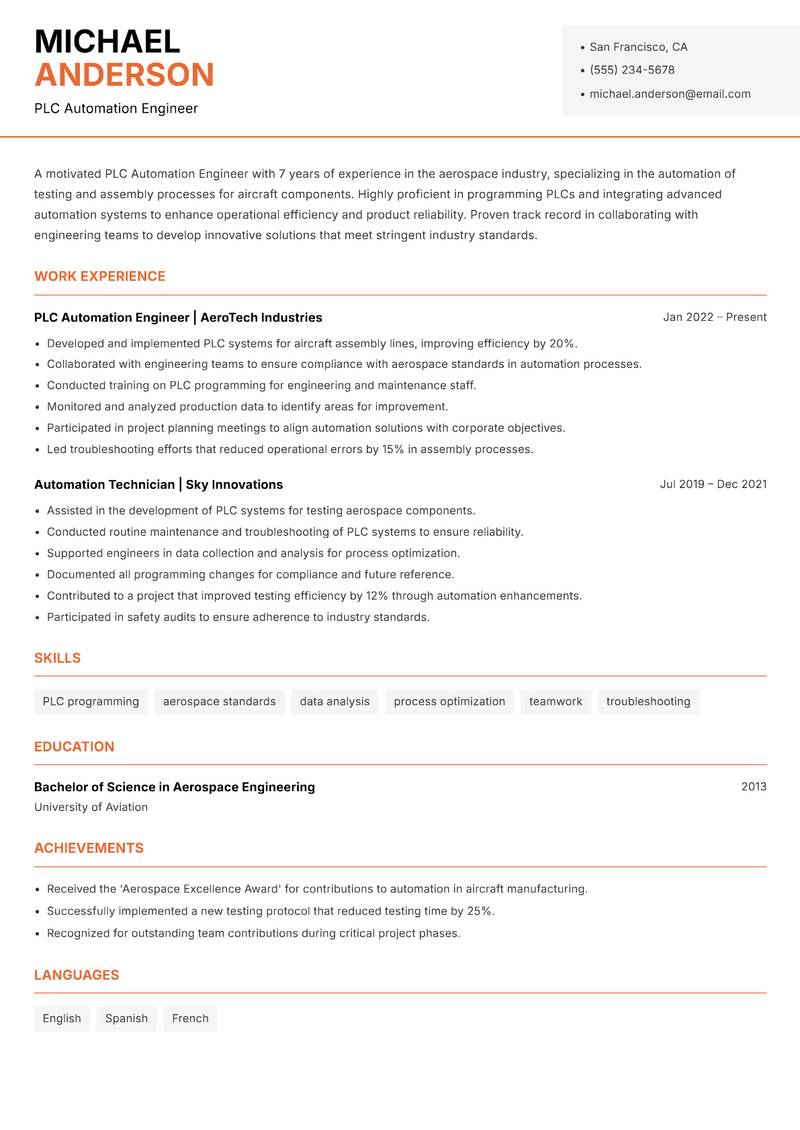 PLC Automation Engineer Resume Template