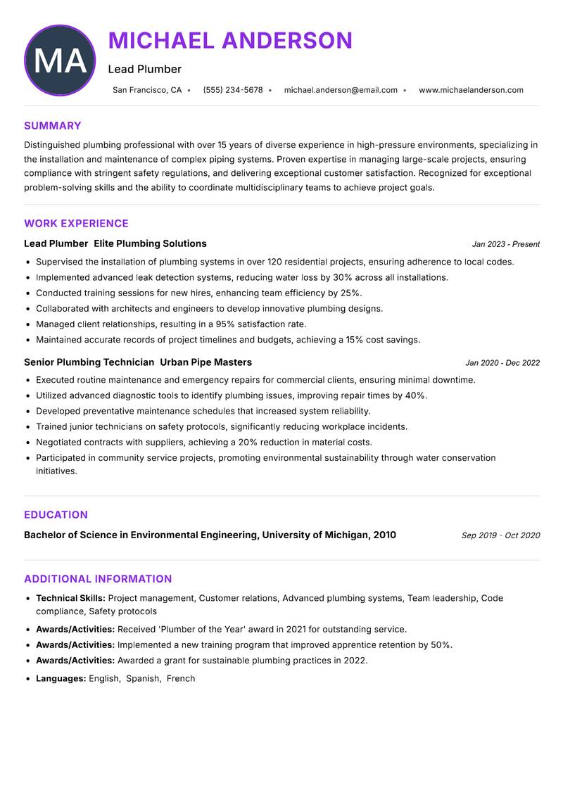 Plumber Resume Preview Example
