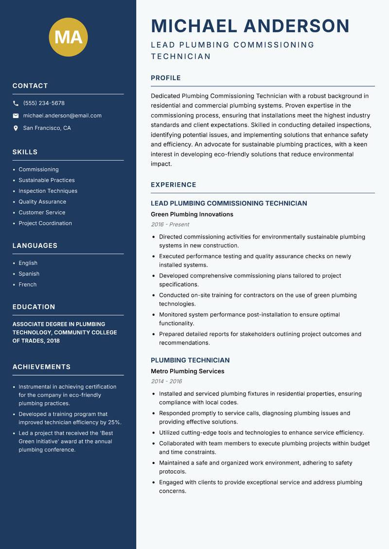 Plumbing Commissioning Technician Resume Preview Example