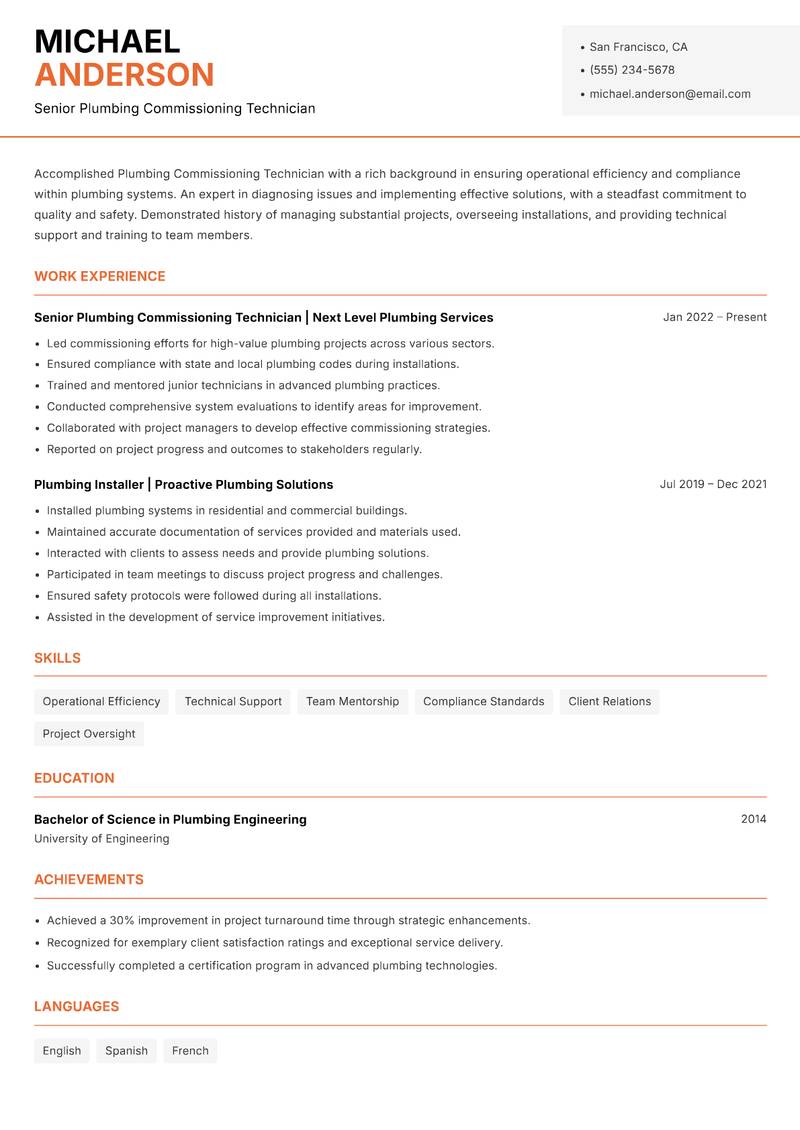 Plumbing Commissioning Technician Resume Template