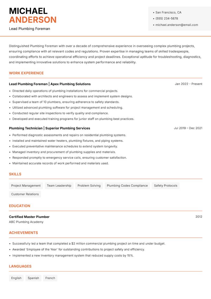 Plumbing Foreman Resume Template
