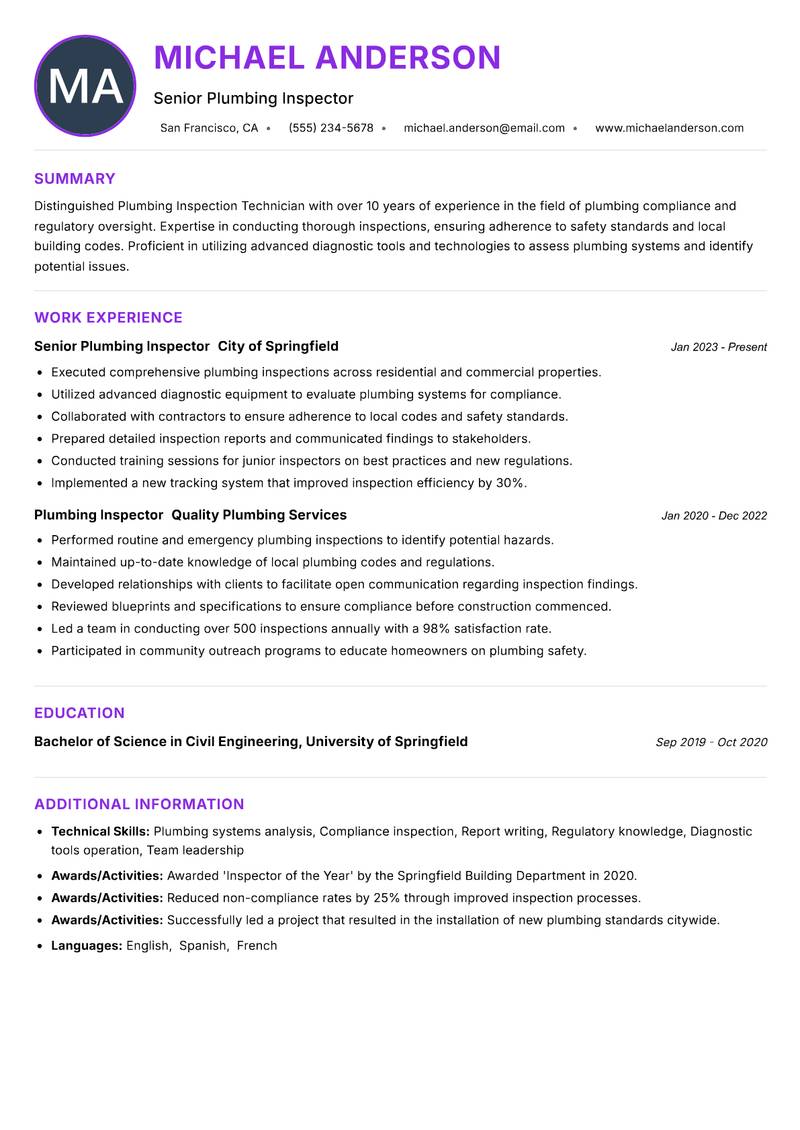 Plumbing Inspection Technician Resume Preview Example