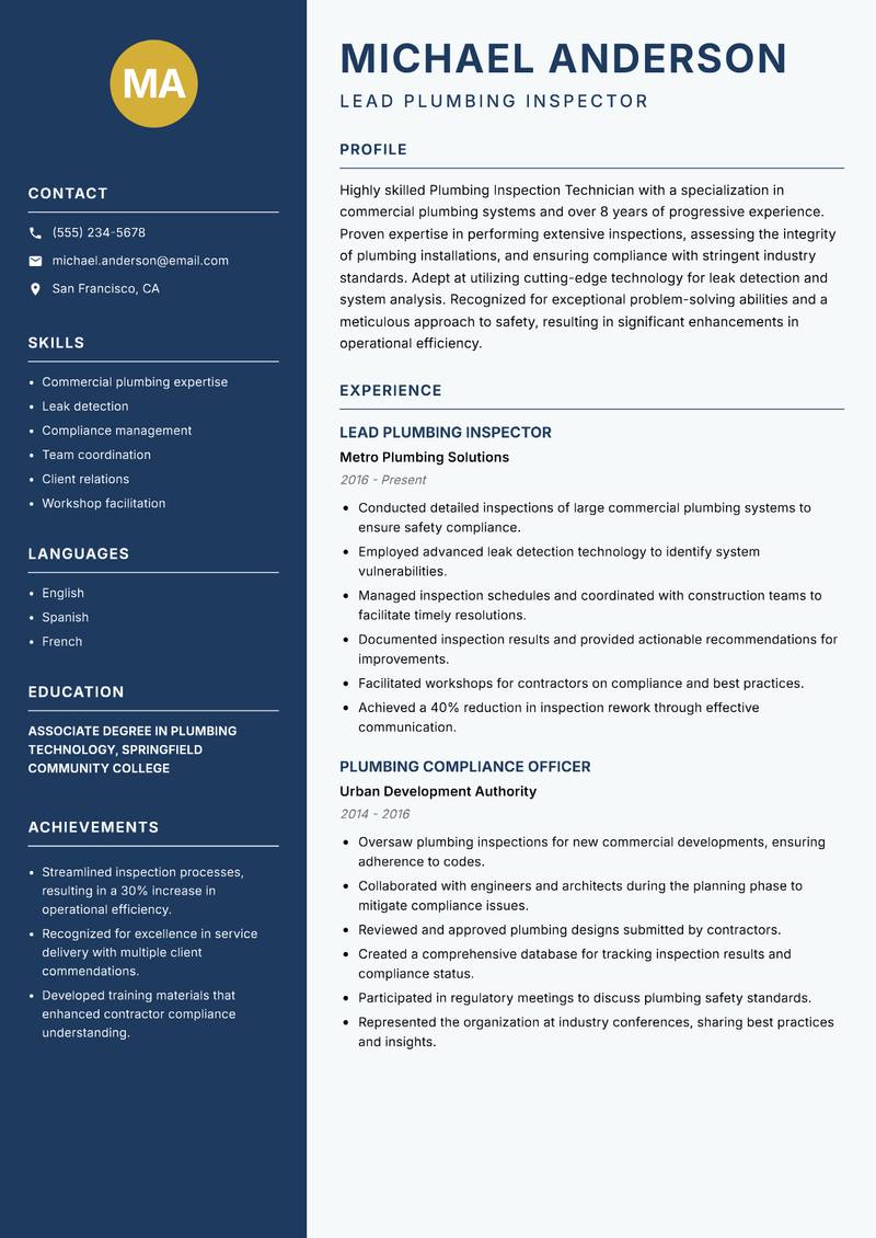 Plumbing Inspection Technician Resume Preview Example