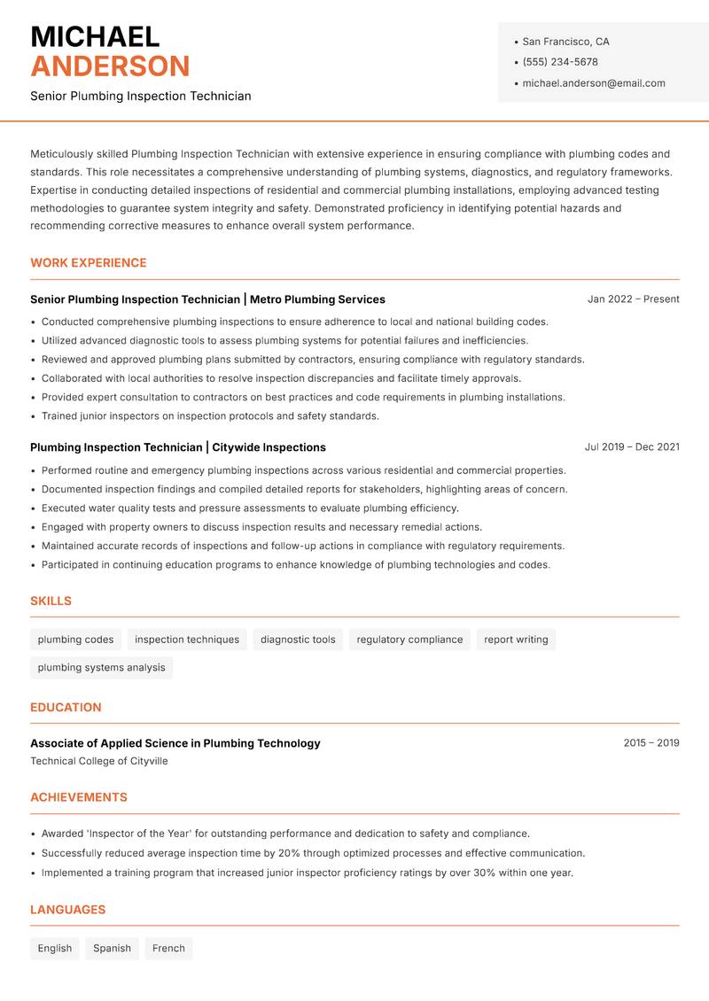 Plumbing Inspection Technician Resume Template