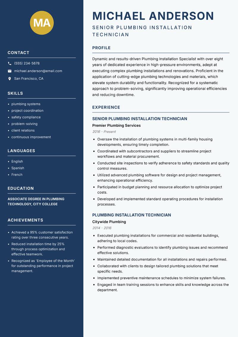 Plumbing Installation Technician Resume Preview Example