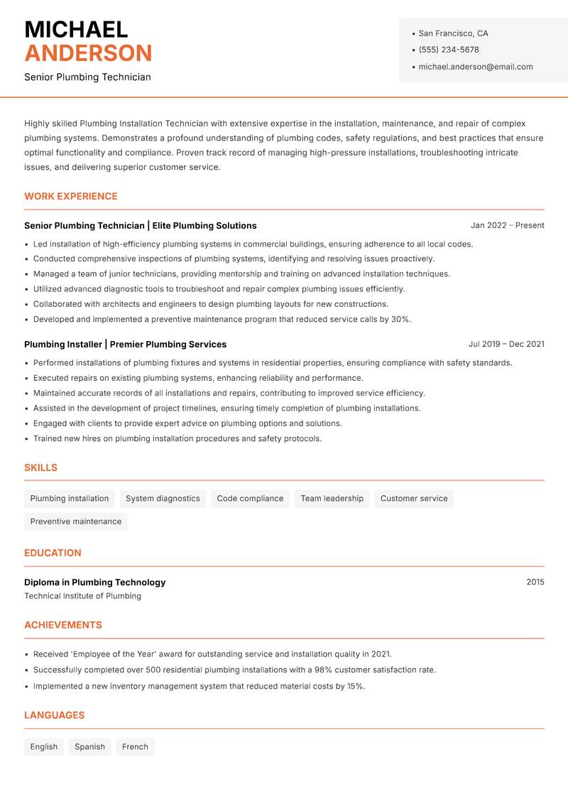 Plumbing Installation Technician Resume Template