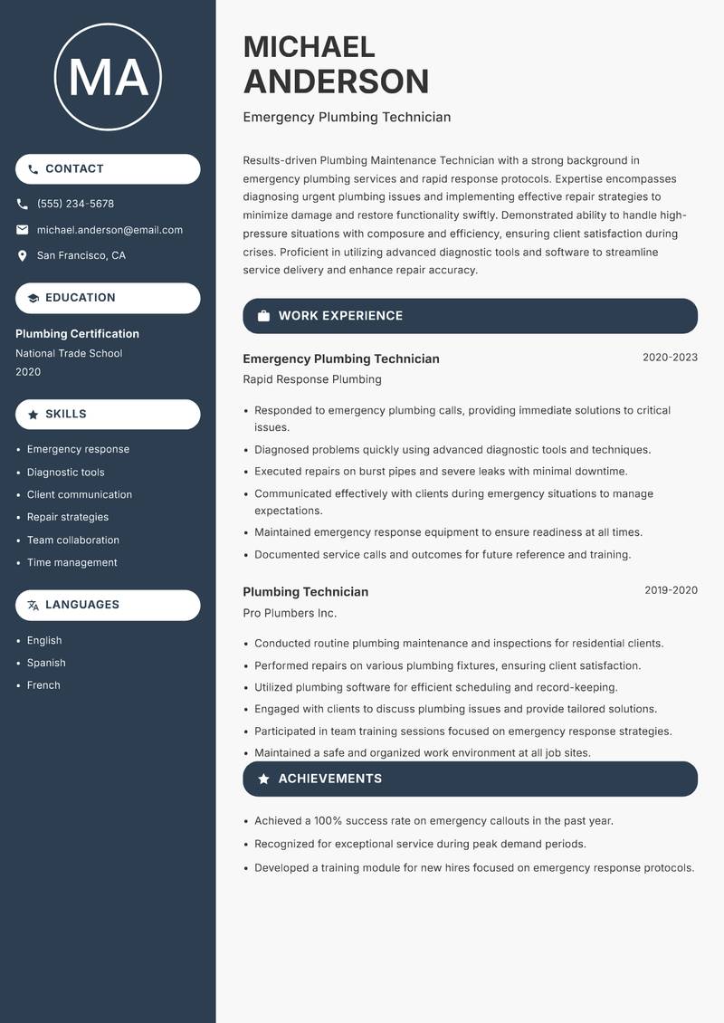 Plumbing Maintenance Technician Resume Preview Example
