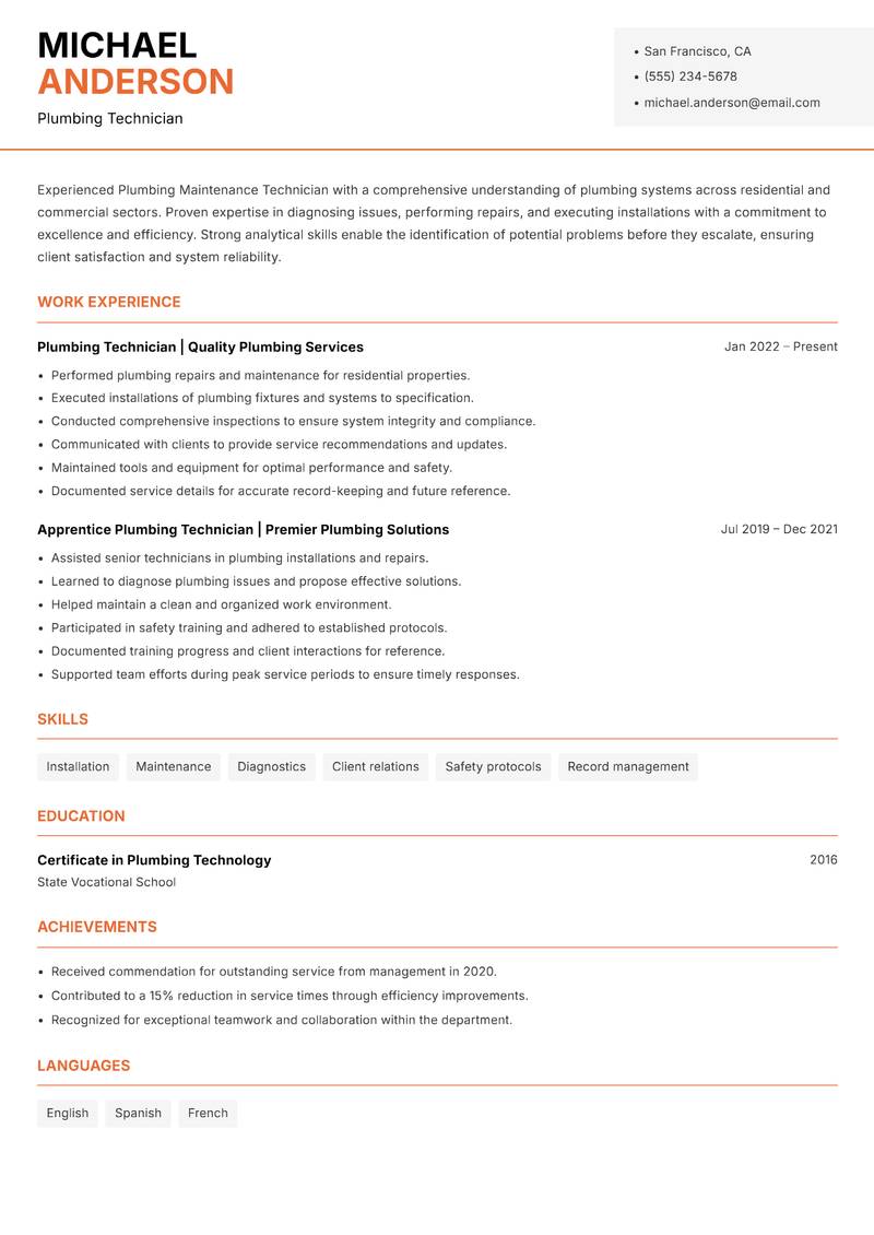 Plumbing Maintenance Technician Resume Template