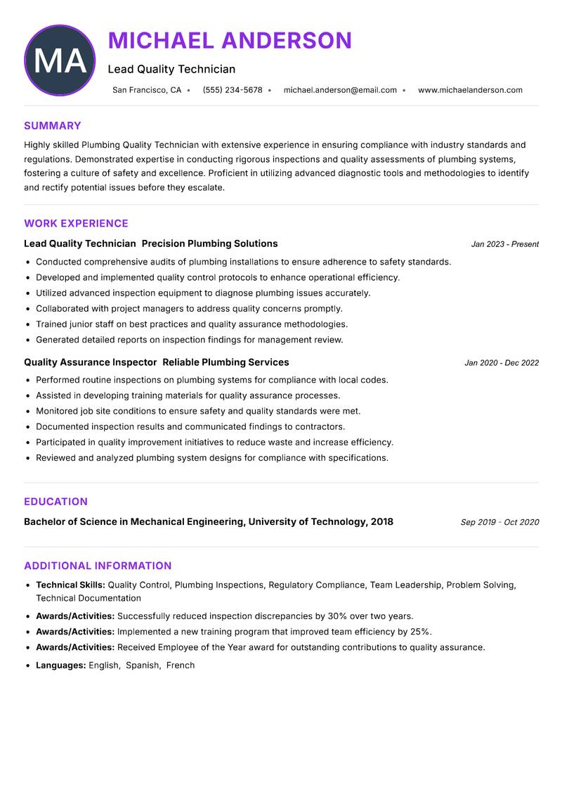 Plumbing Quality Technician Resume Preview Example