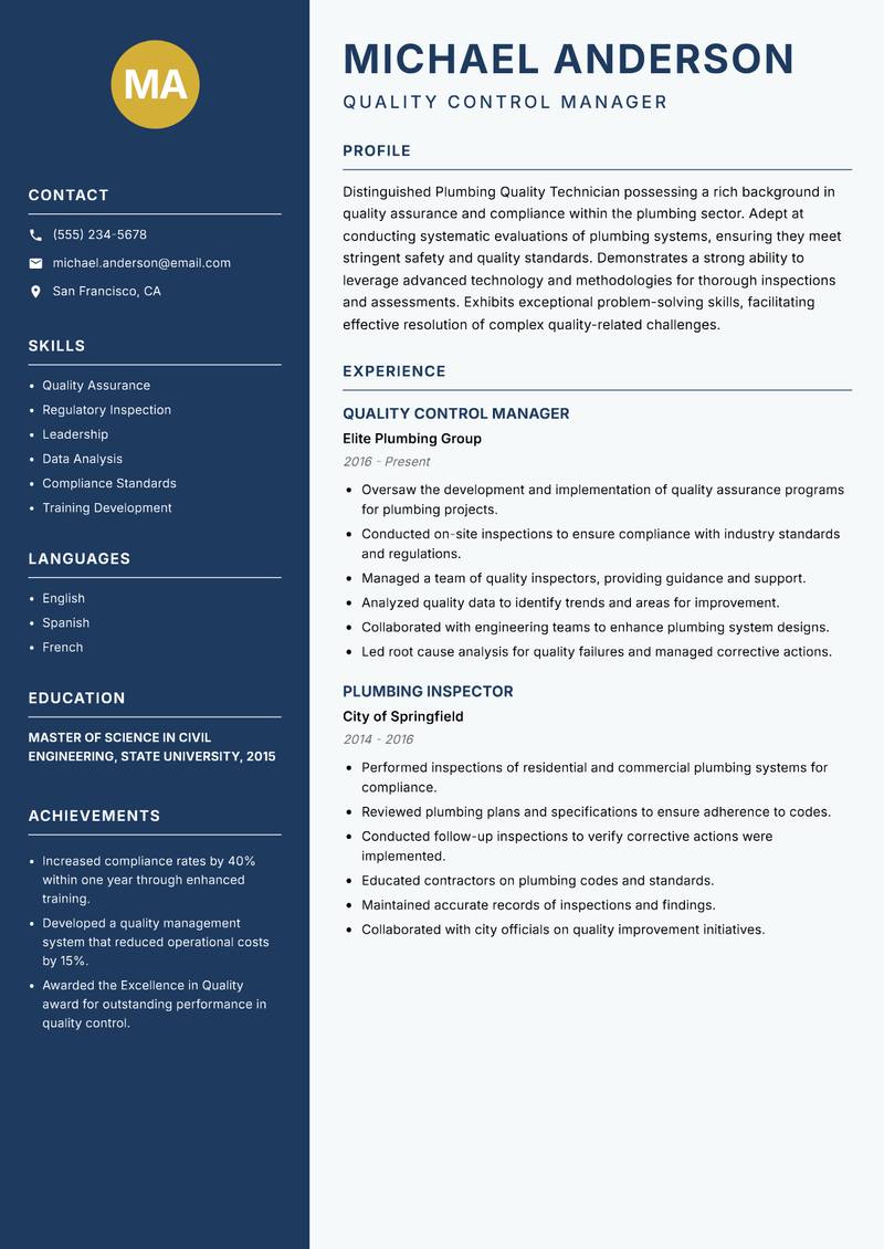 Plumbing Quality Technician Resume Preview Example