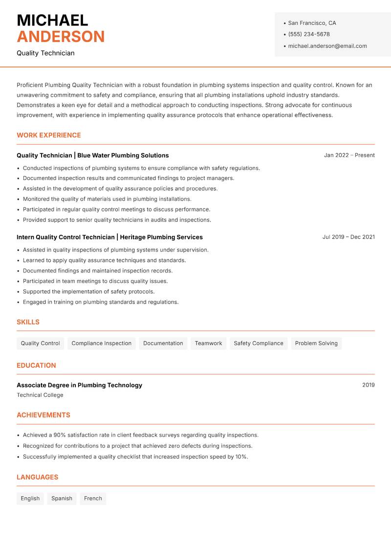 Plumbing Quality Technician Resume Template