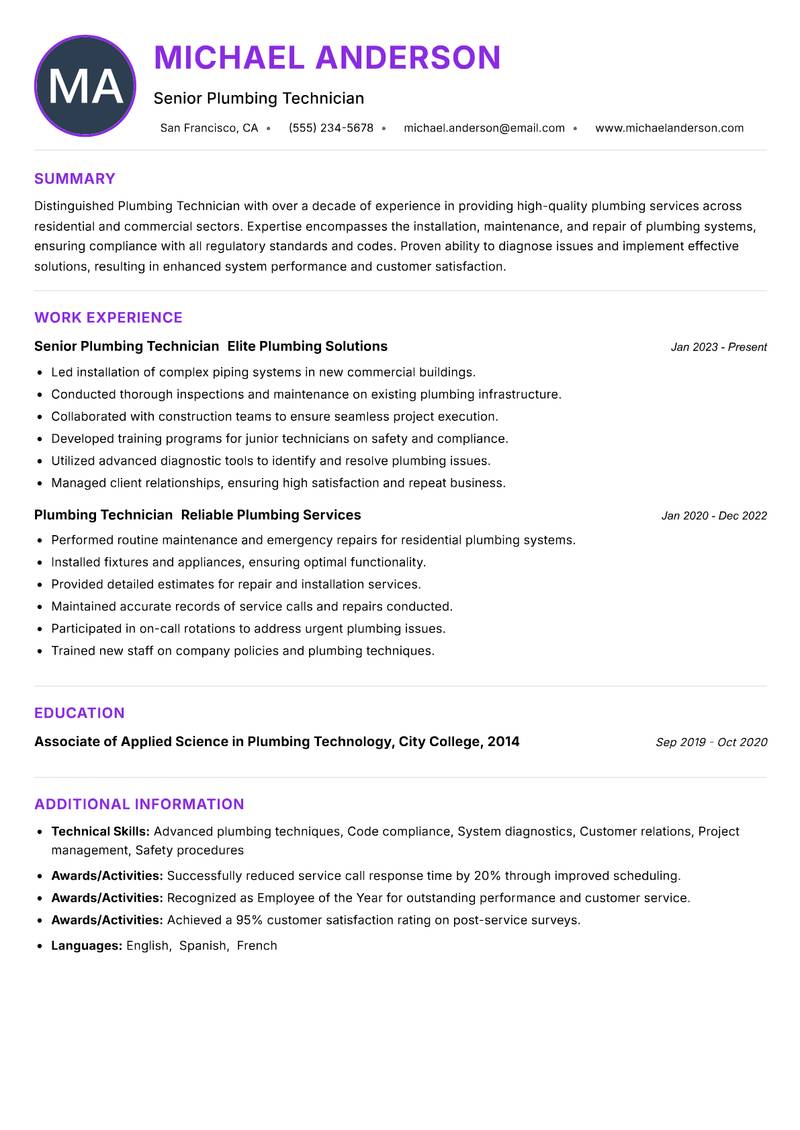 Plumbing Technician Resume Preview Example